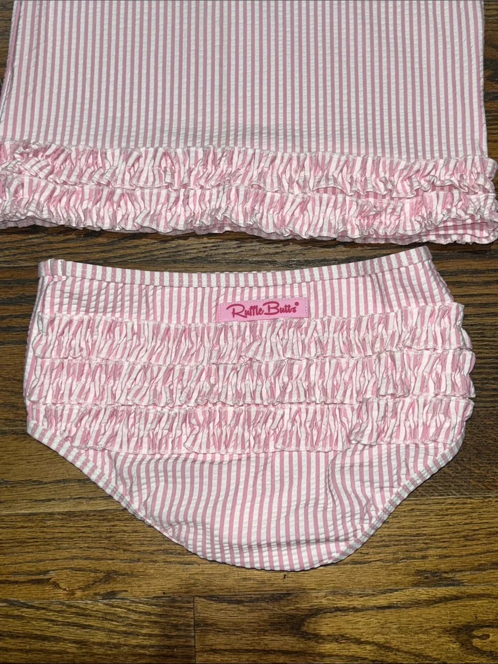 Ruffle Butts Pink Seersucker 3-Piece Swim Set with Sun Hat